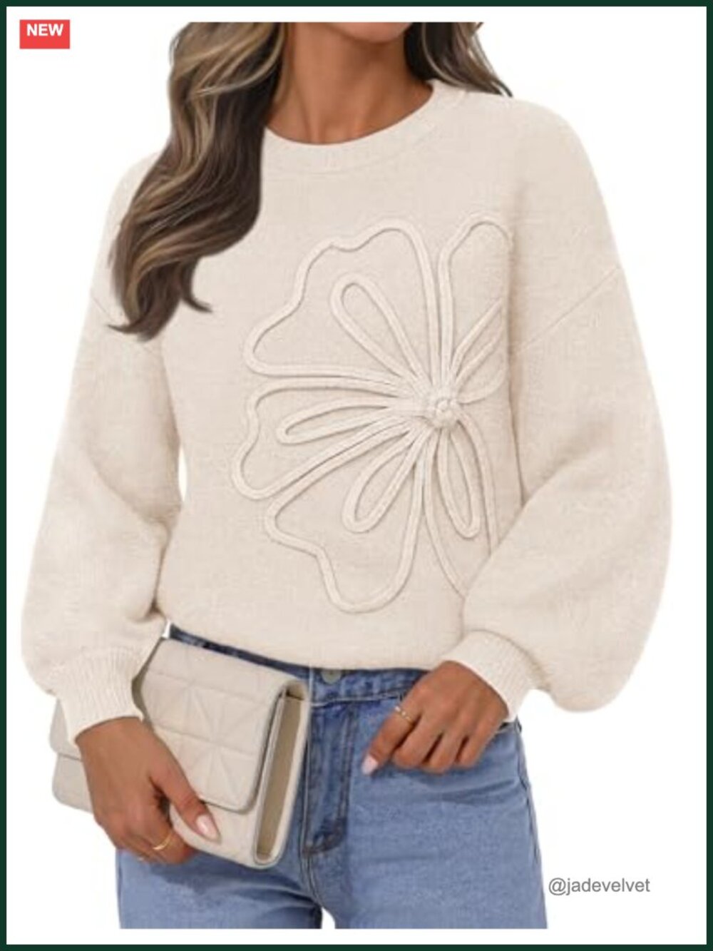 Womens Oversized Knit Pullover Sweater Fall Winter 3D Floral Lantern Sleeve
